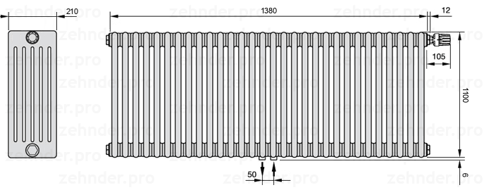 Схема (чертеж) Радиатор Zehnder Charleston 6110/30 №V008 Белый глянцевый RAL 9016